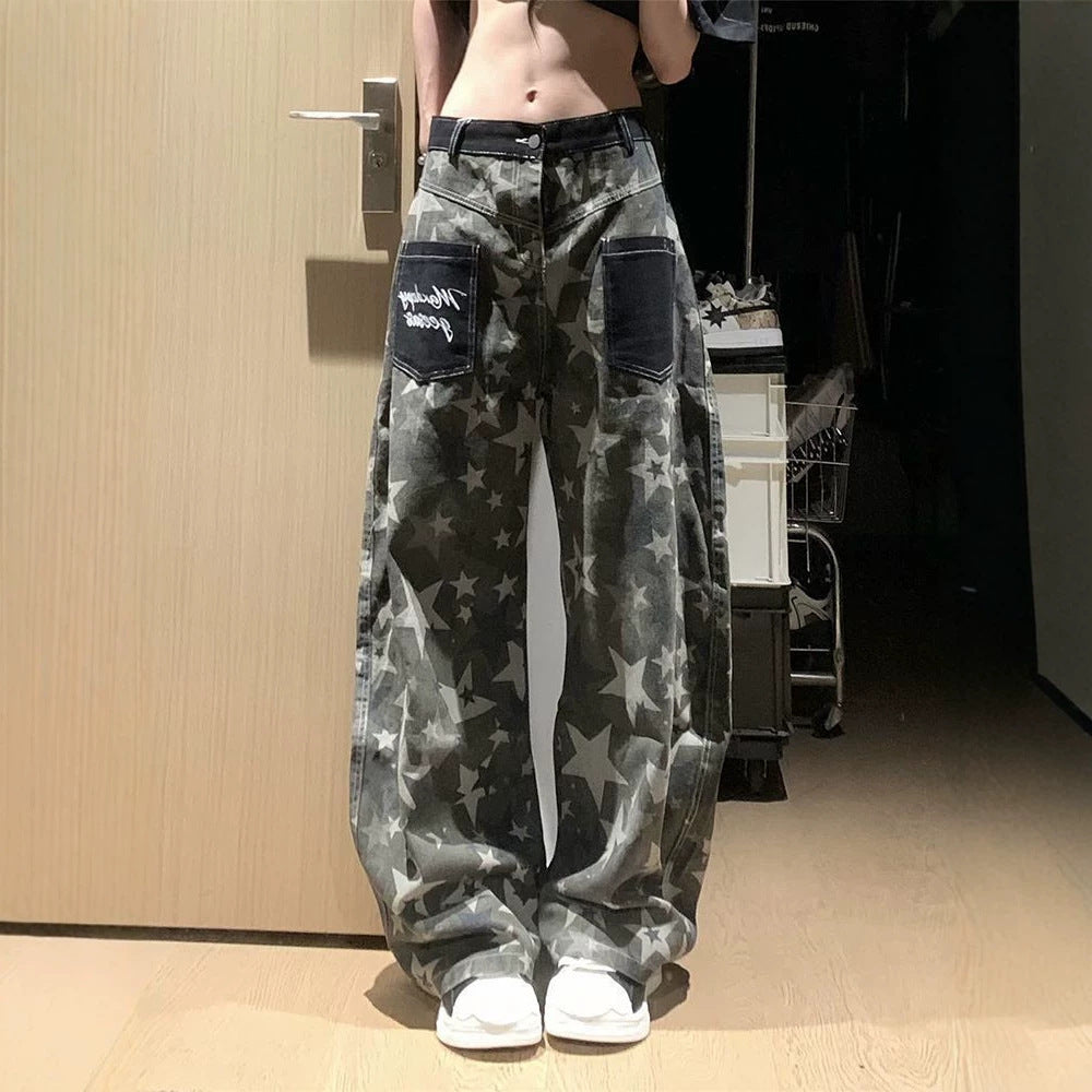 Camouflage Star Print Curved Baggy Wide Leg Washed Denim Jeans