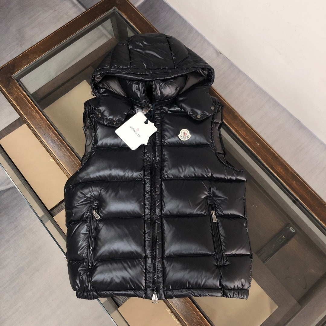 Moncler Glossy Hooded Puffer Vest with Zip Pockets