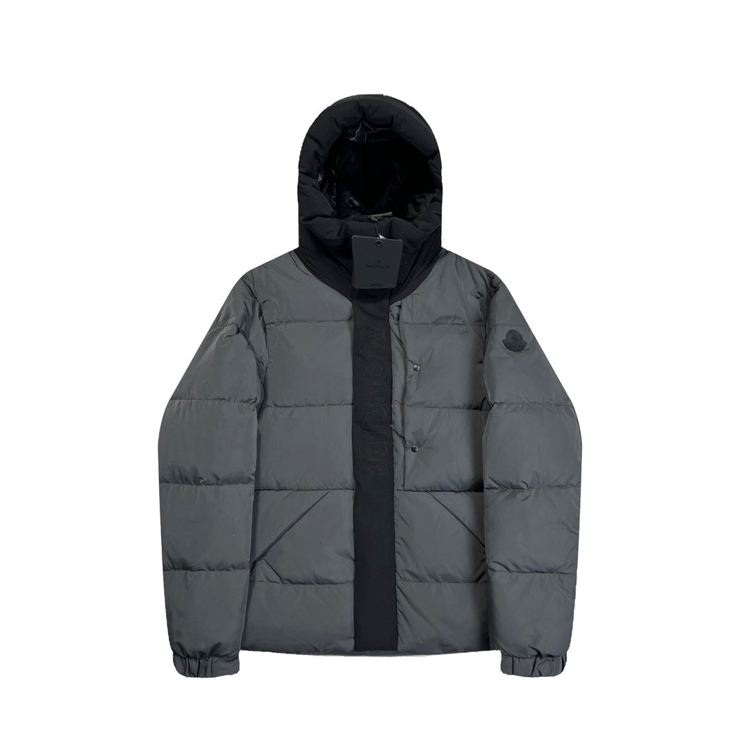 Quilted Puffer Jacket with Black Hood and High Collar