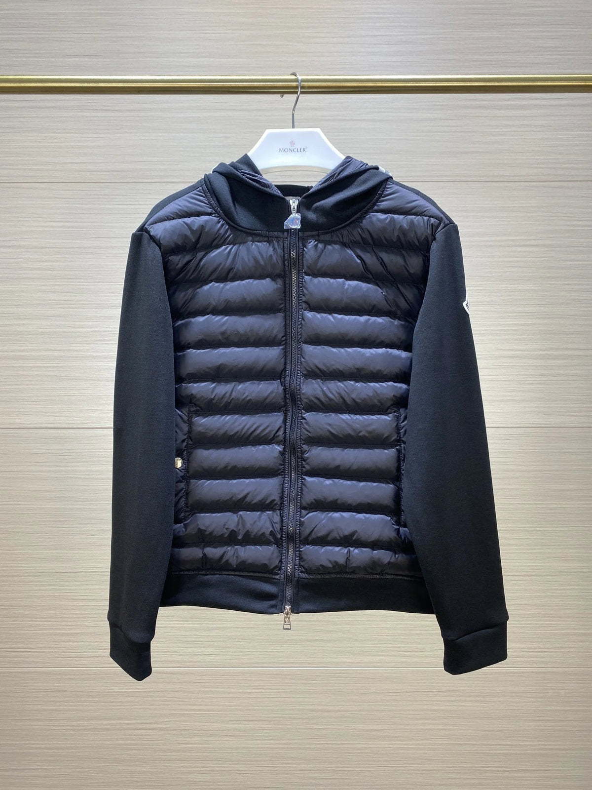 Moncler Quilted-Front Hooded Knit Jacket in Black