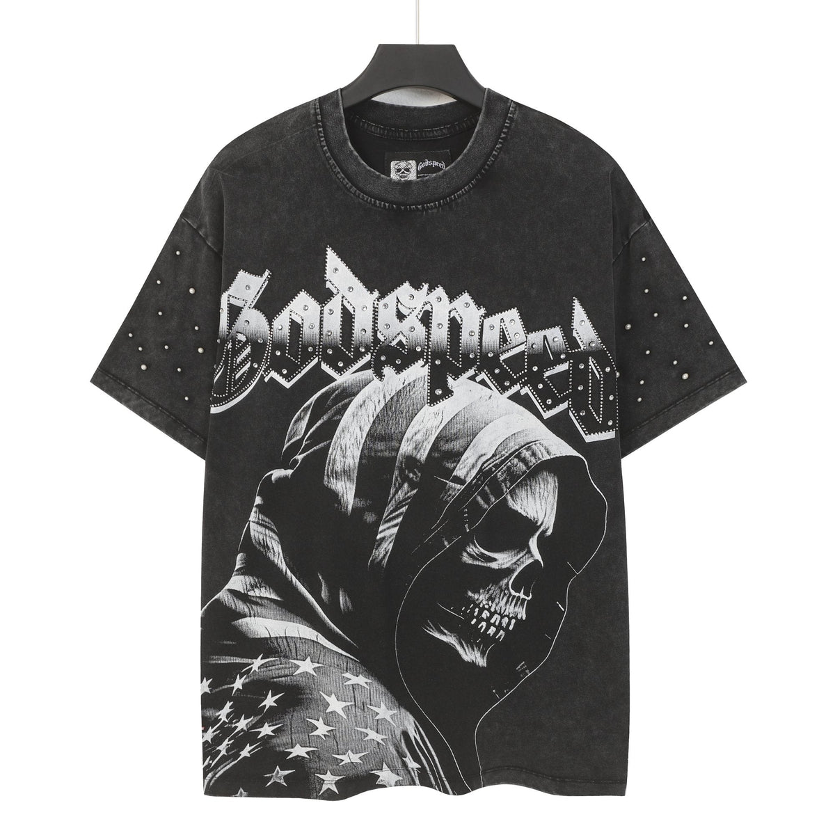Godspeed Hooded Skull Graphic Studded-Sleeve T-Shirt