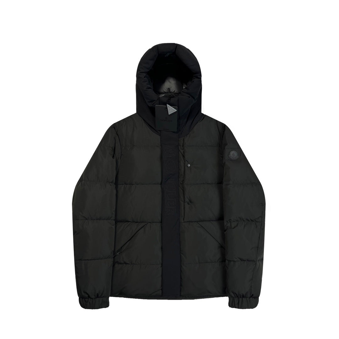 Quilted Puffer Jacket with Black Hood and High Collar