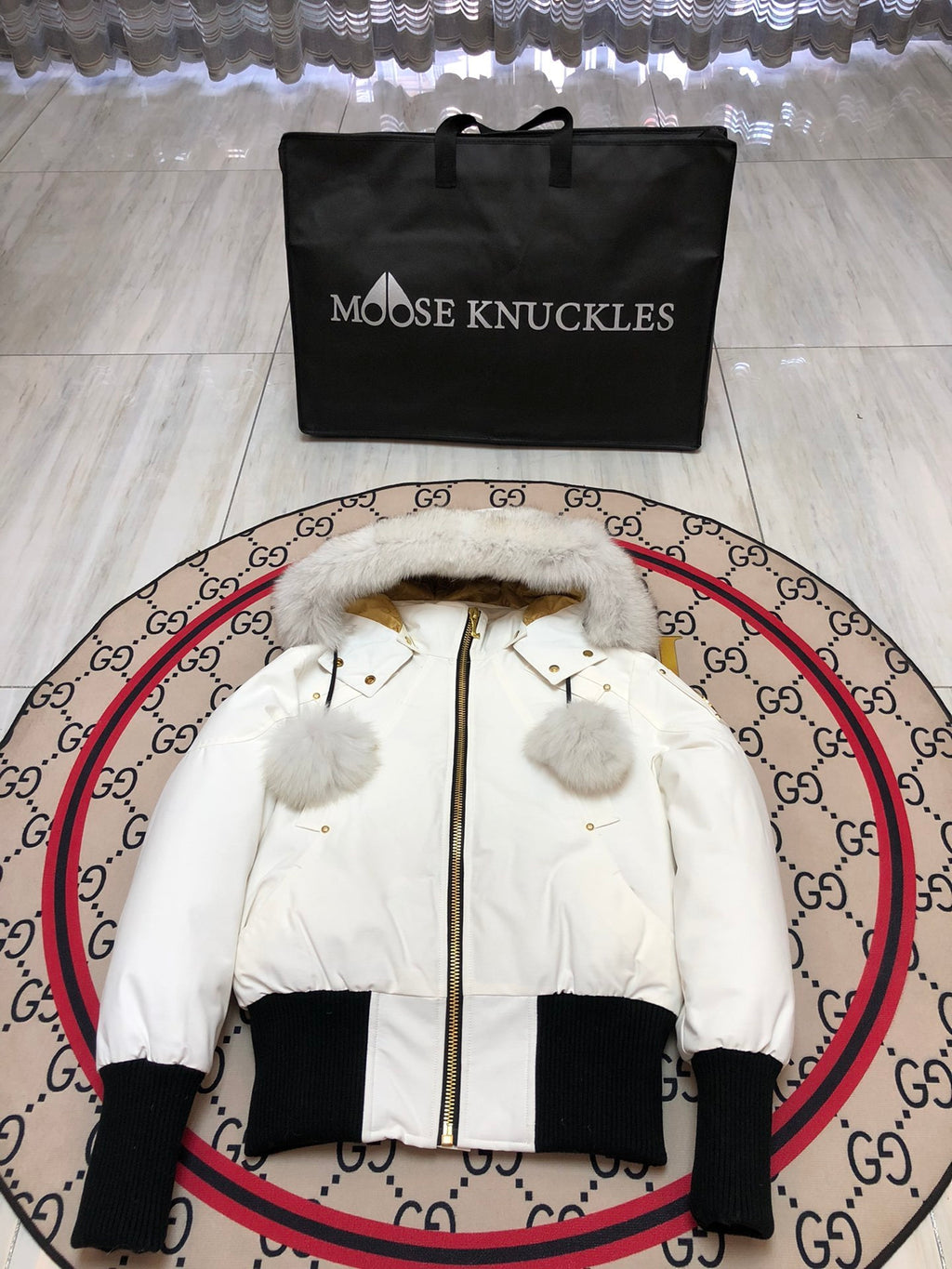 Moose Knuckles Women's Hooded Bomber Jacket with Pom-Pom Details