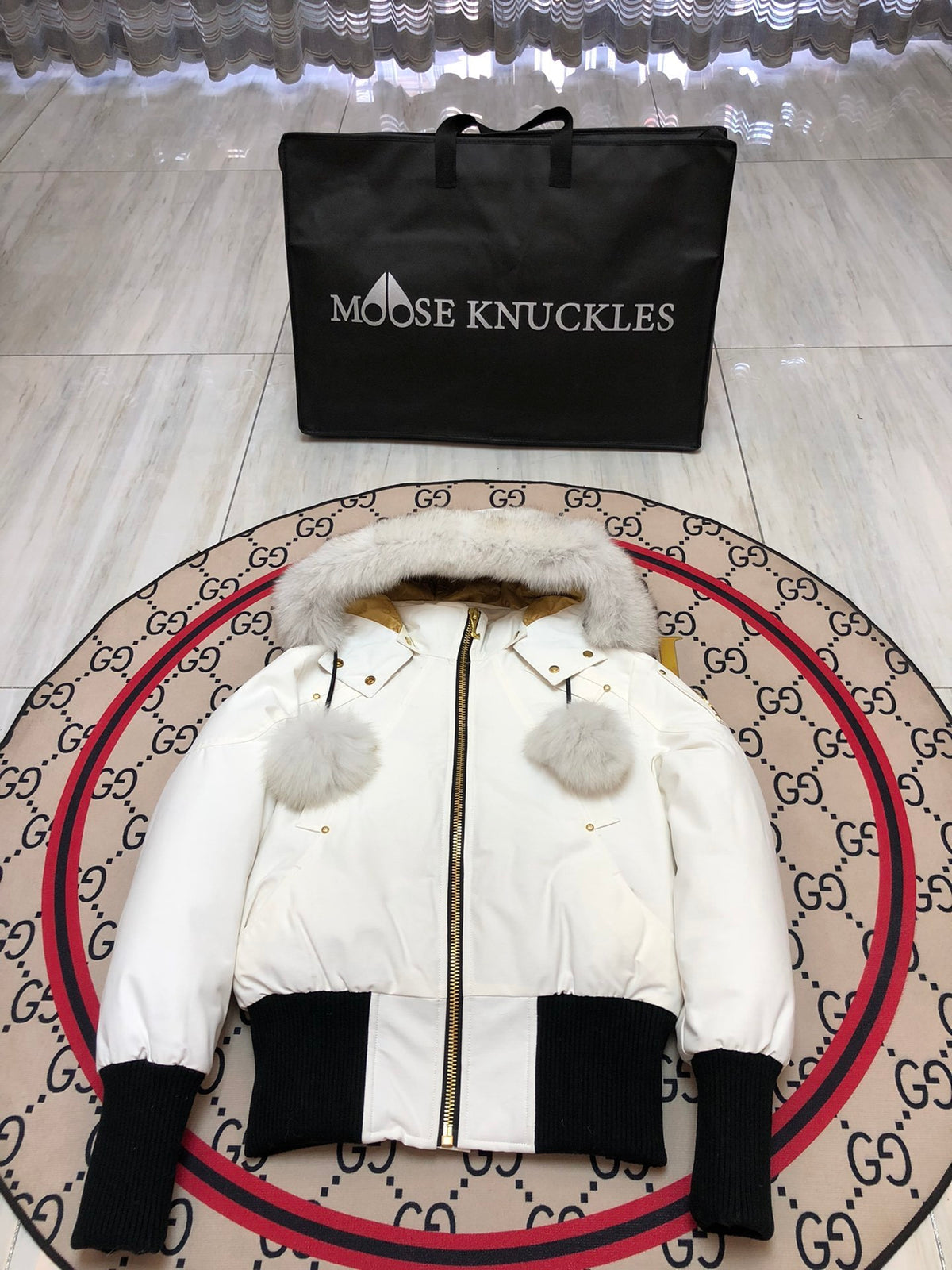 Moose Knuckles Women's Hooded Bomber Jacket with Pom-Pom Details