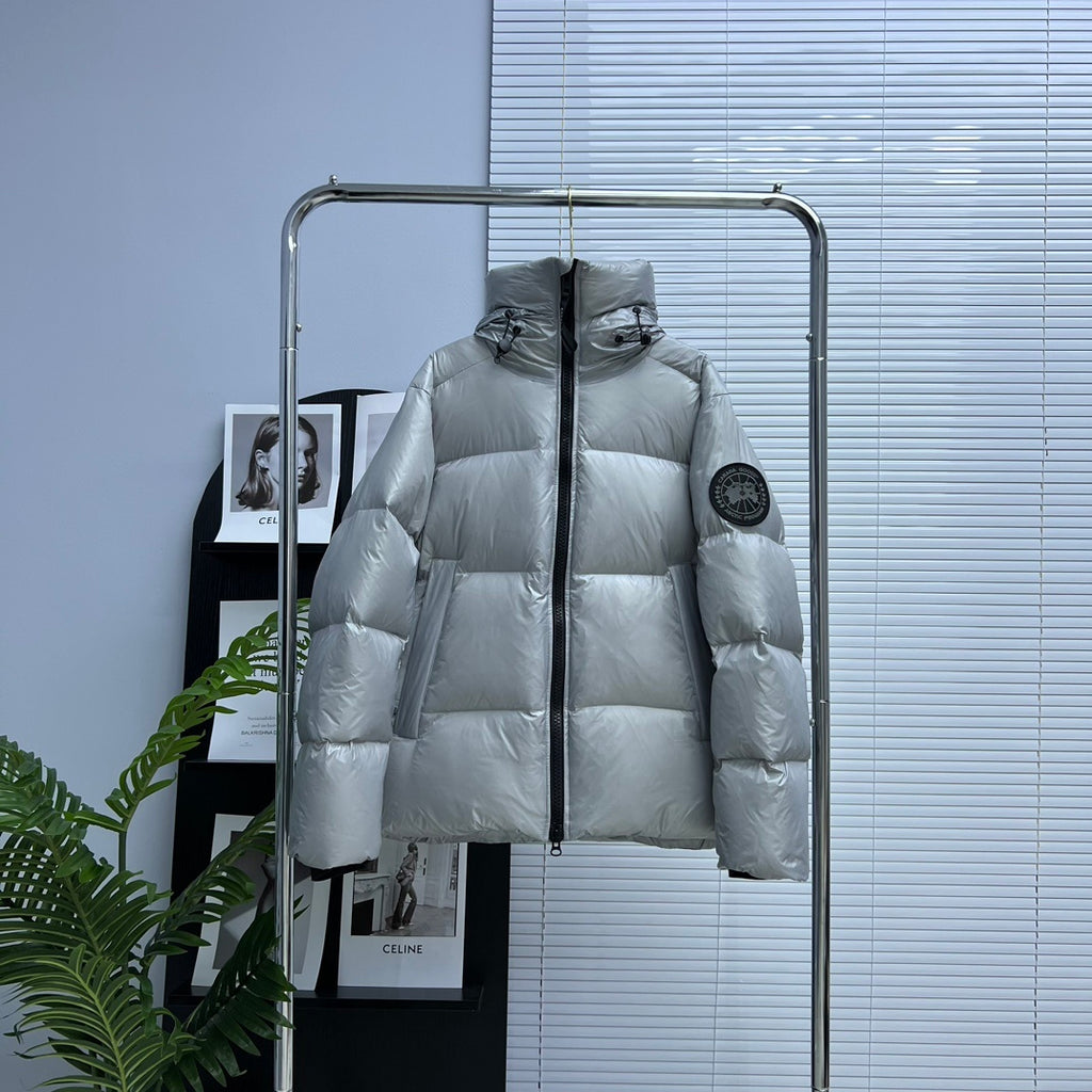 Canada Goose Crofton Silver Hooded Puffer Jacket with Black Sleeve Patch