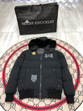 Moose Knuckles Black Hooded Puffer Jacket with Graphic Patches