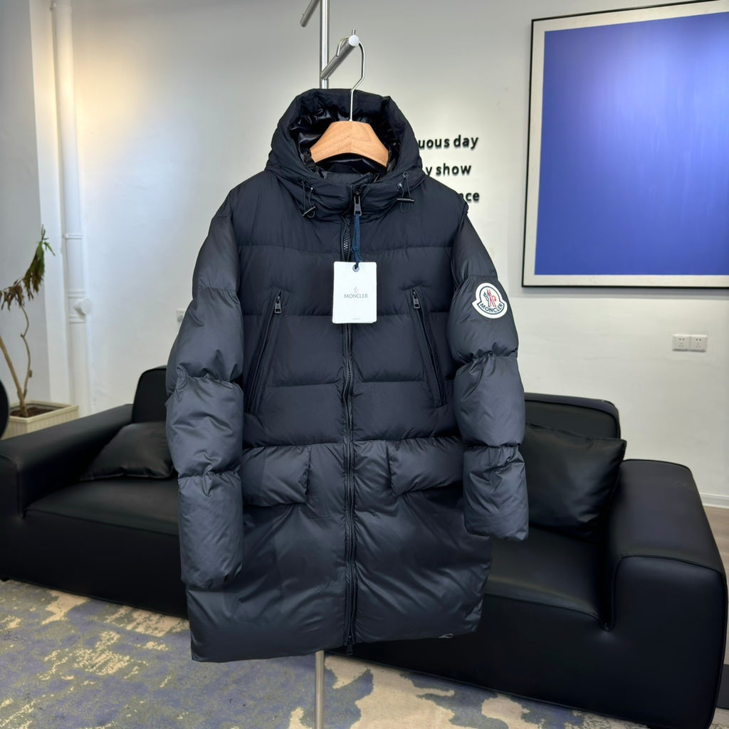 Moncler Hooded Longline Puffer Coat with Oversized Logo Patch