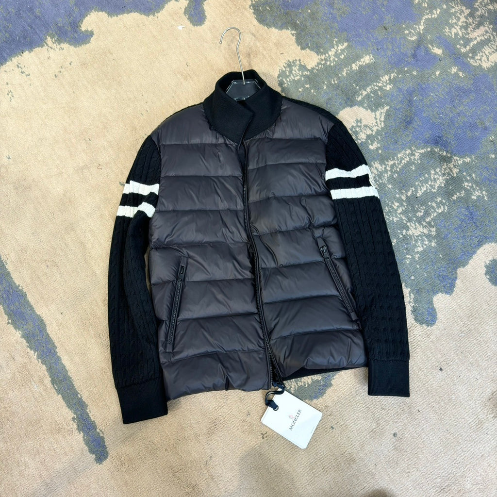 Moncler Quilted-Front Knit Jacket with Striped Sleeves