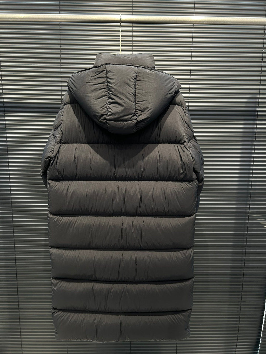 Moncler Long Matte Hooded Puffer Coat with Logo Sleeve Pocket