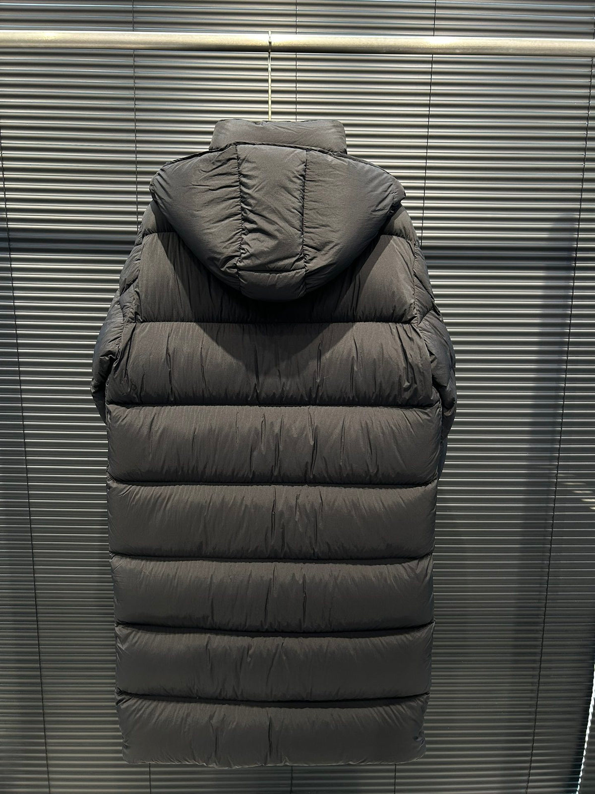 Moncler Long Matte Hooded Puffer Coat with Logo Sleeve Pocket