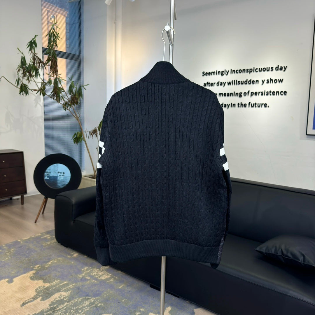 Moncler Quilted-Front Knit Jacket with Striped Sleeves