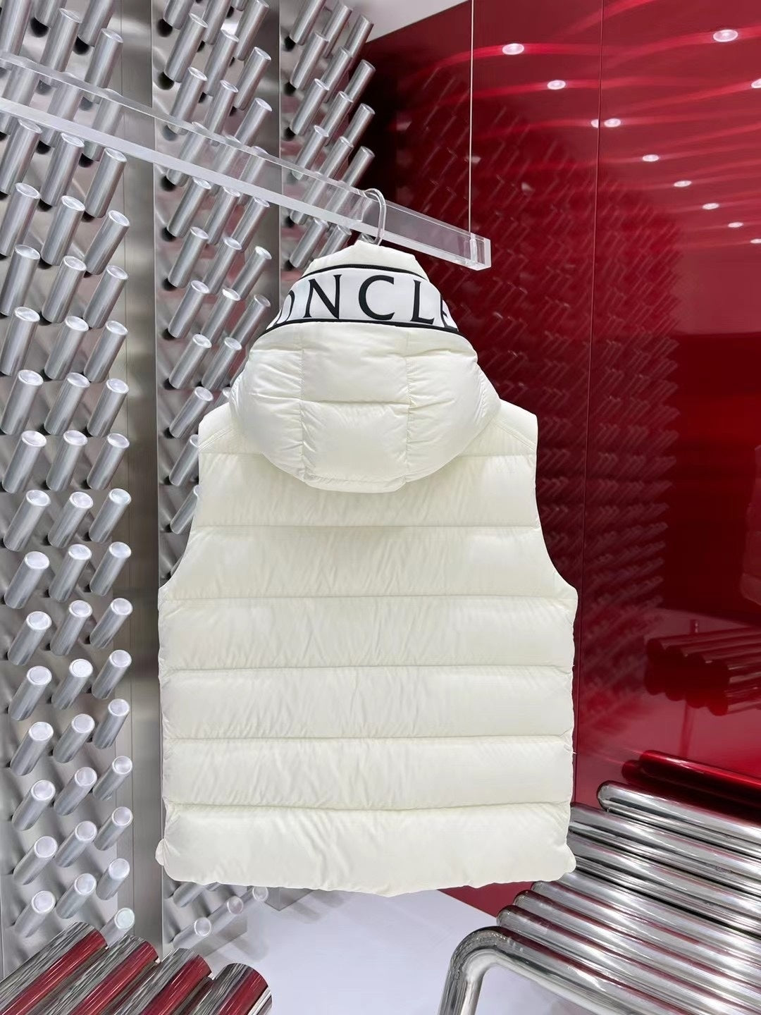 Moncler Hooded Down Vest with Logo Lettering