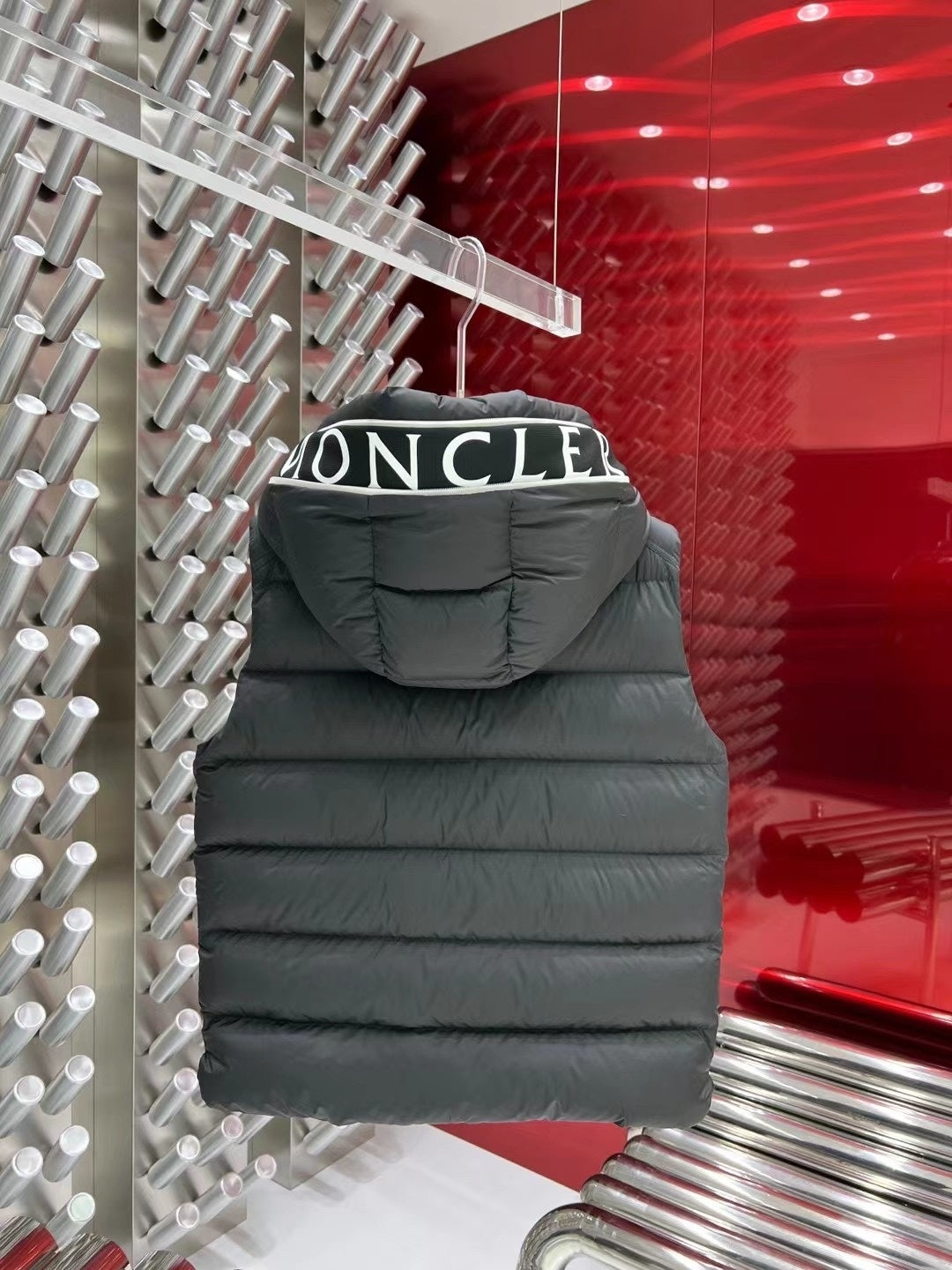 Moncler Hooded Down Vest with Logo Lettering