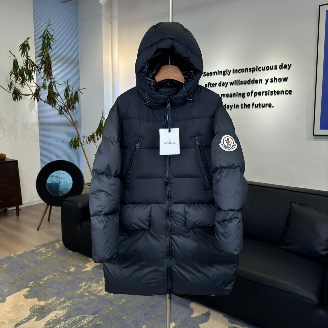 Moncler Hooded Longline Puffer Coat with Oversized Logo Patch