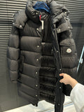 Moncler Long Matte Hooded Puffer Coat with Logo Sleeve Pocket
