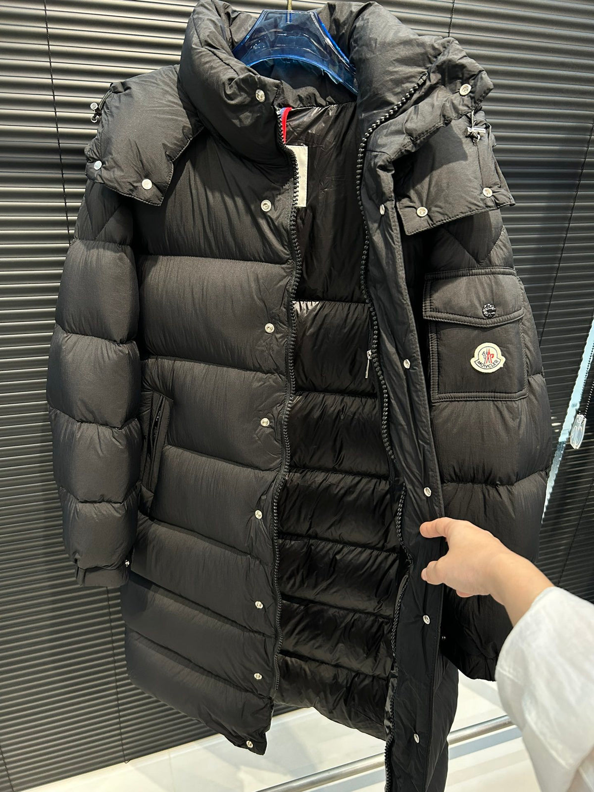 Moncler Long Matte Hooded Puffer Coat with Logo Sleeve Pocket