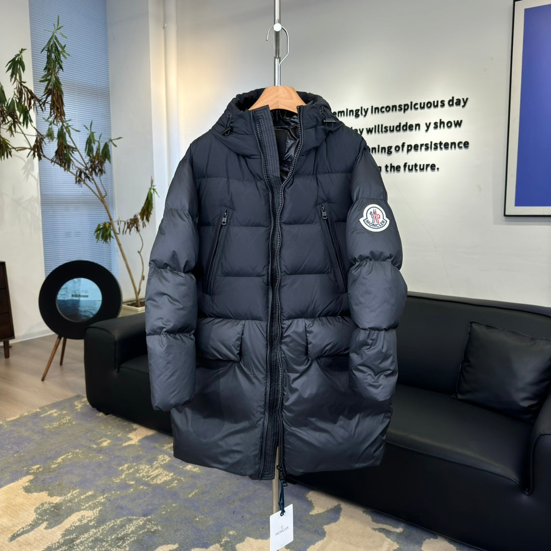 Moncler Hooded Longline Puffer Coat with Oversized Logo Patch