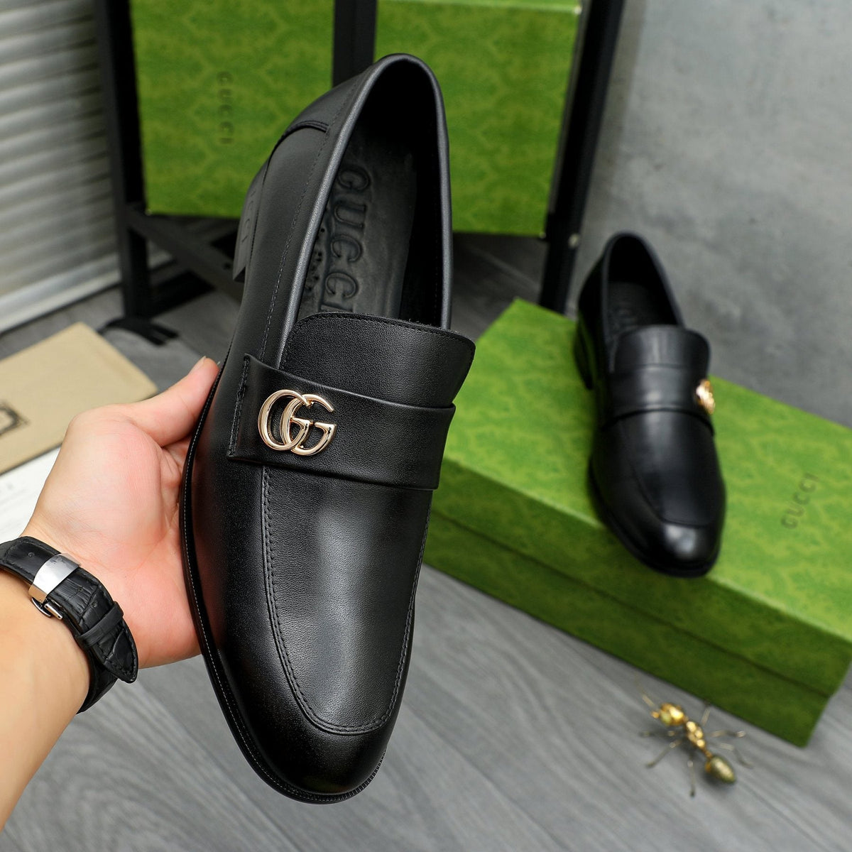 Gucci Black Loafers with Gold-Tone Hardware