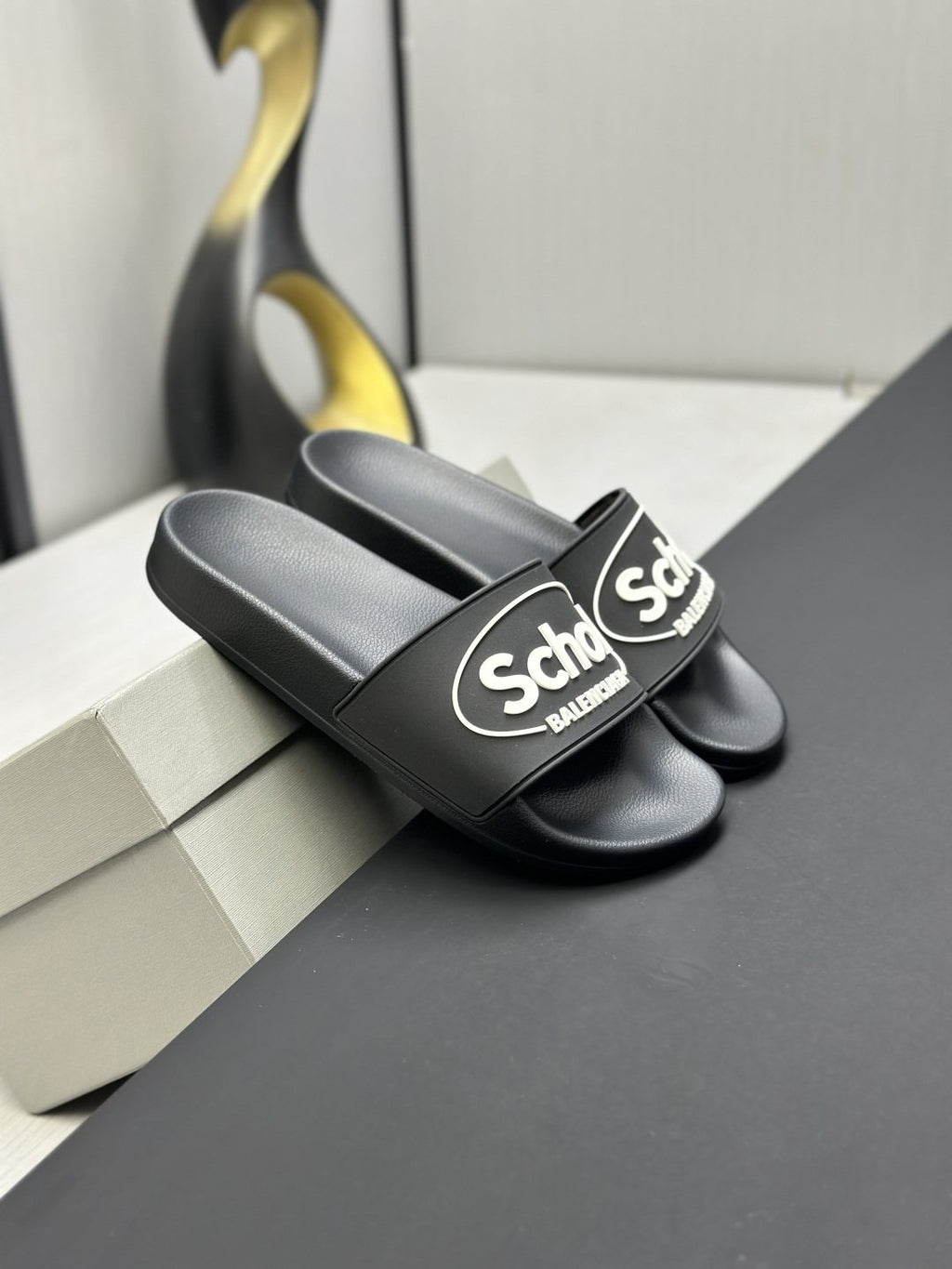 Scholl × Balenciaga Black Logo Strap Slide Sandals