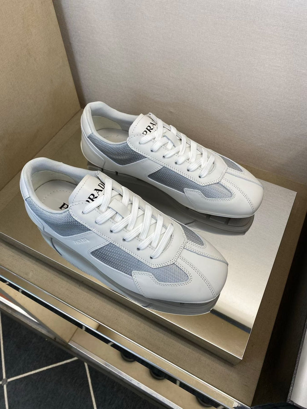 Prada Men's White and Light Gray Low-Top Sneakers