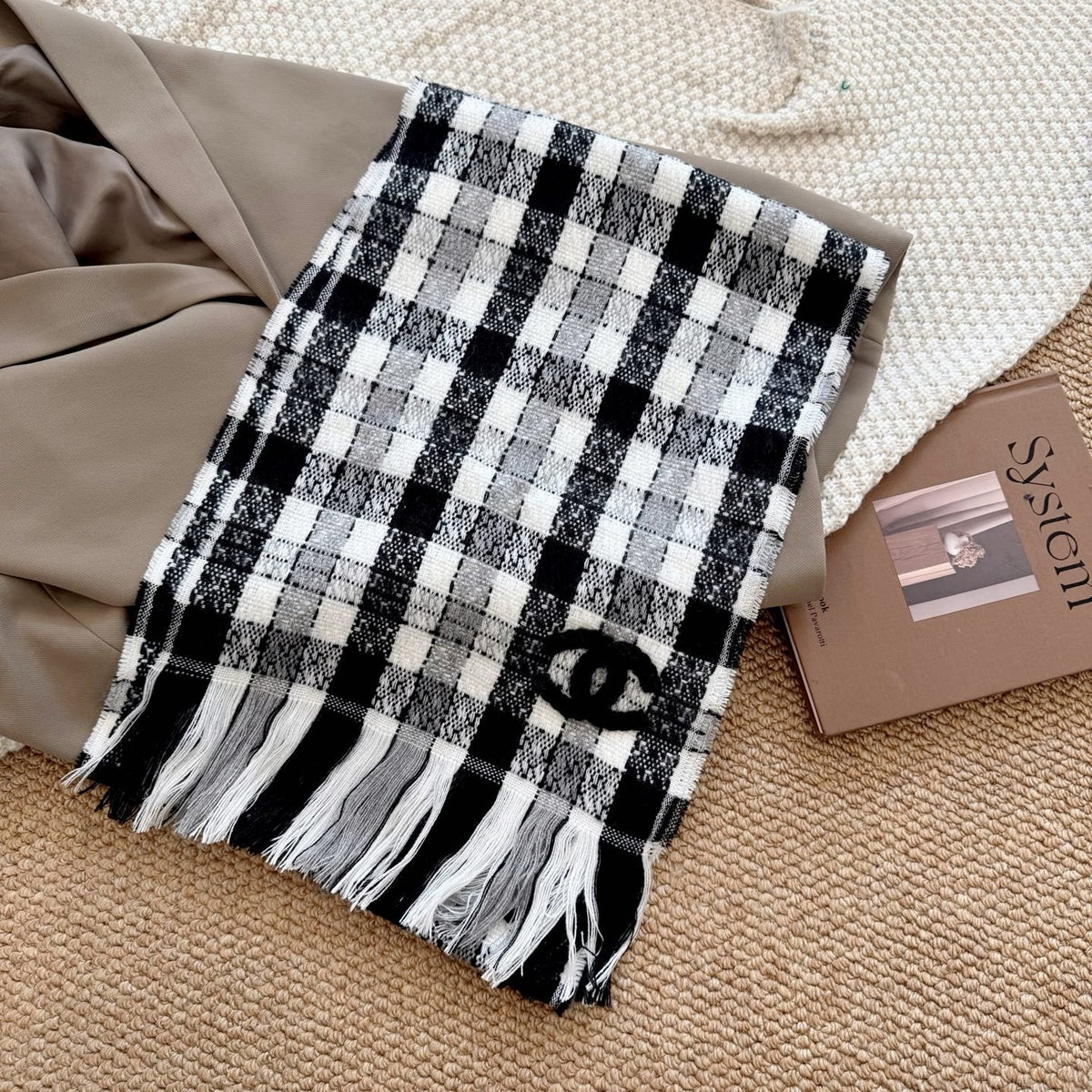 Chanel Black and White Plaid Fringed Scarf