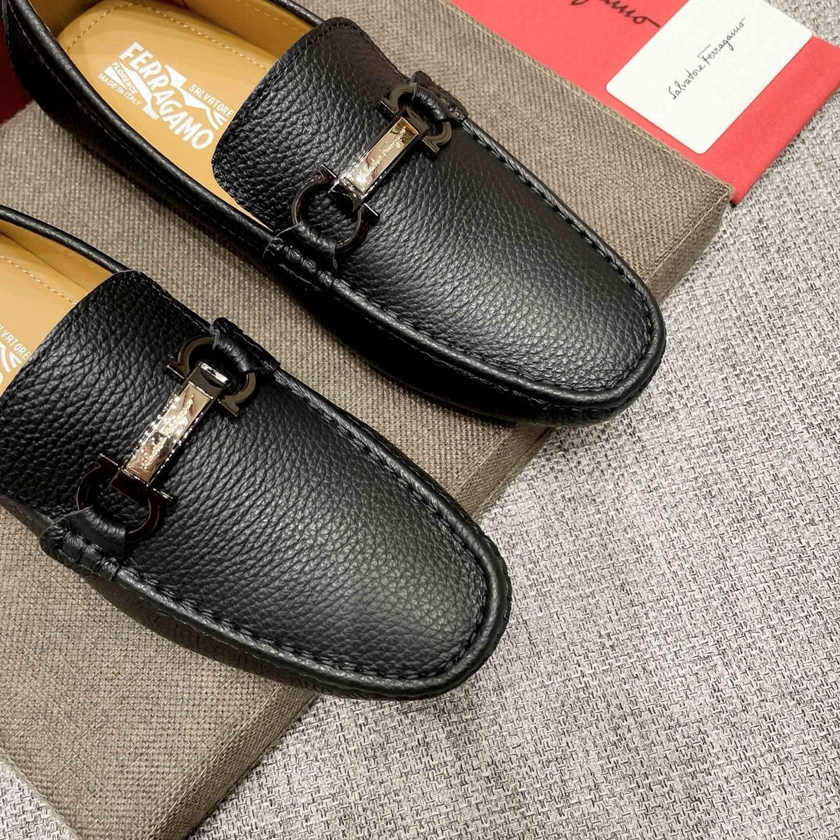 Salvatore Ferragamo Black Textured Driving Loafers