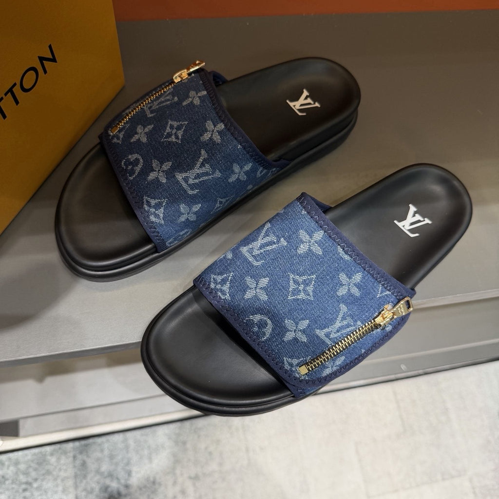 Louis Vuitton Blue Monogram Strap Slide Sandals