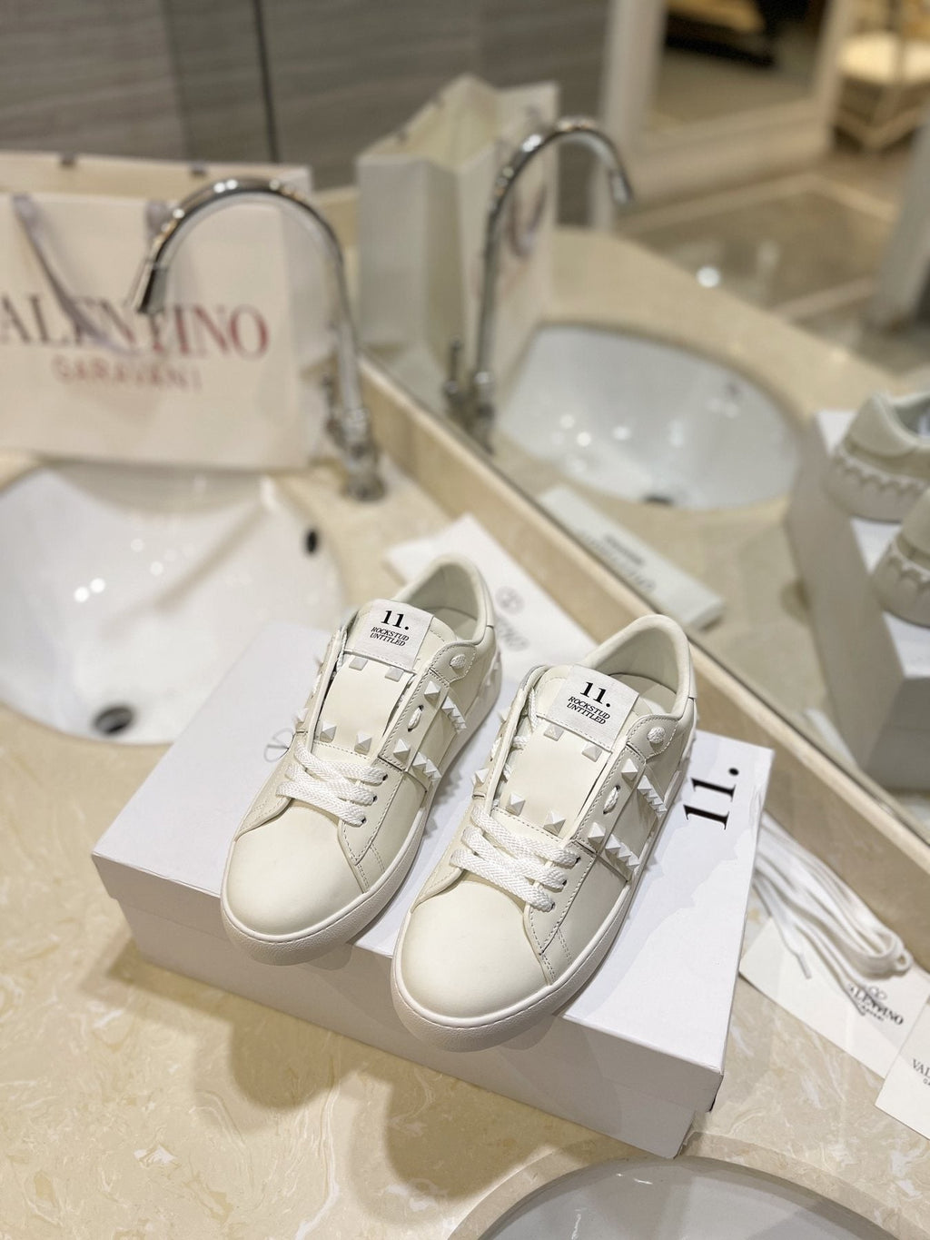 Valentino White Silver Studded Low-Top Sneakers